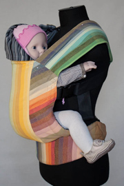Reversible Karaush ergo baby carrier made of sling fabric of different colors and types of weaving 